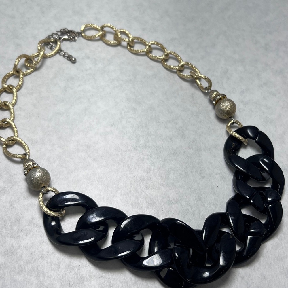 Funky 24" Chunky Black Gold Tone Acrylic Link Chain Necklace Editorial Punk Chic - Picture 5 of 9